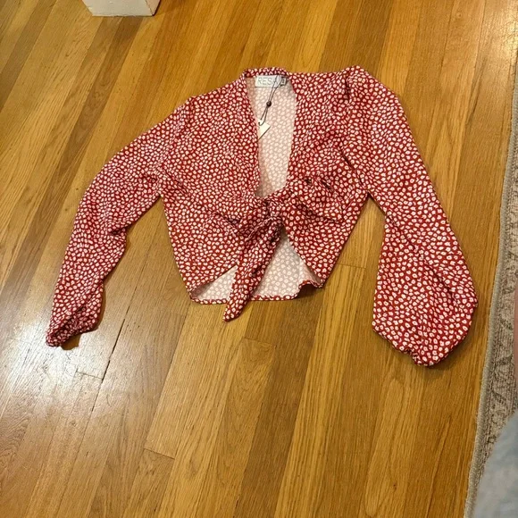 RESA Red and White Patterned Tie-Front Blouse - Picture 1 of 3